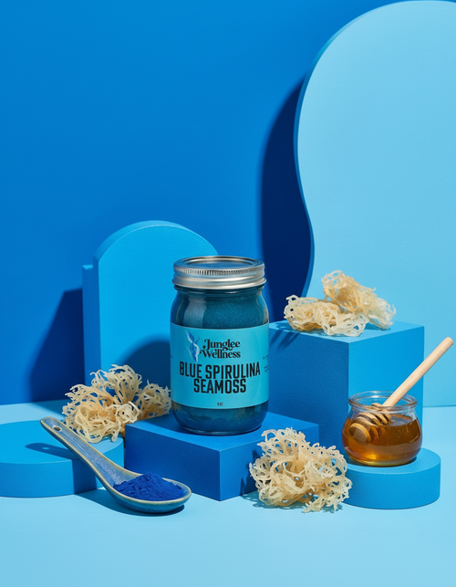 Jar of Blue Spirulina Seamoss with blue and white elements on a blue background