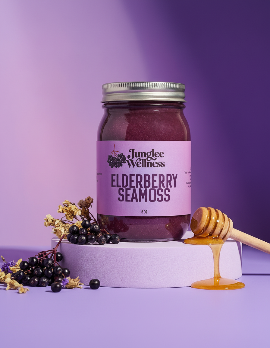 Jungle Wellness Elderberry Seamoss jar with honey and berries on a purple background
