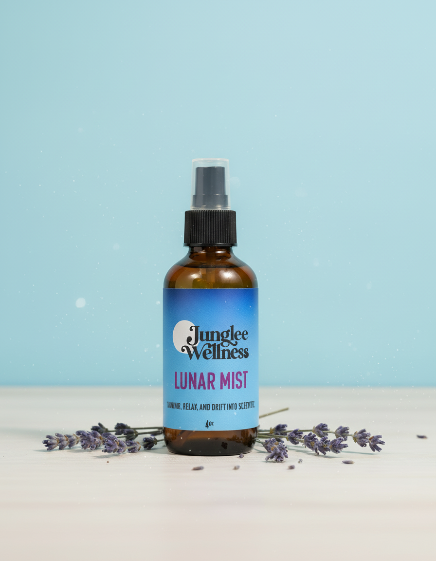 Bottle of Jungle Wellness Lunar Mist on a light blue background with lavender flowers.