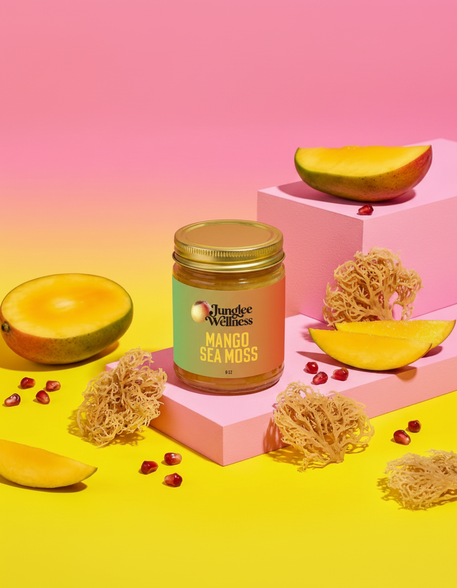 Jungle Wellness Mango Sea Moss jar with mango slices and sea moss on a colorful background