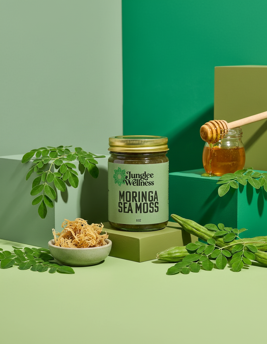 Jungle Wellness Moringa Sea Moss jar with honey and moringa leaves on a green background